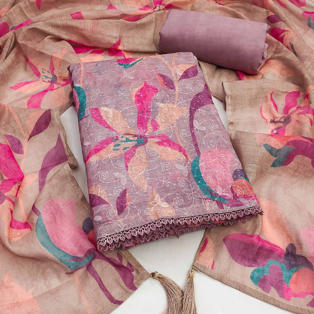 Mauve Linen Dress Material Adorned with Artistic Floral Print and Elegant Thread Embroidery