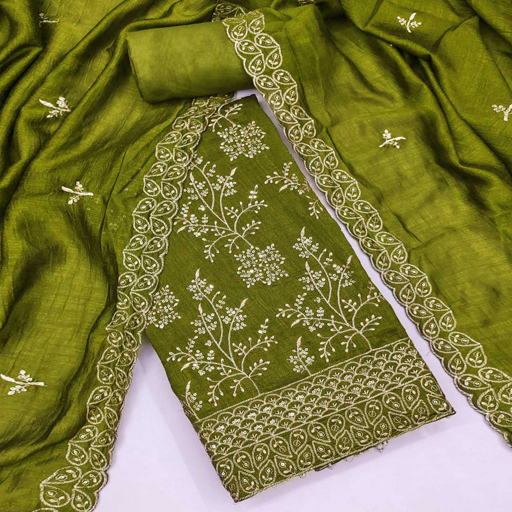 Green Vichitra Silk Dress Material with Sequins Embroidery
