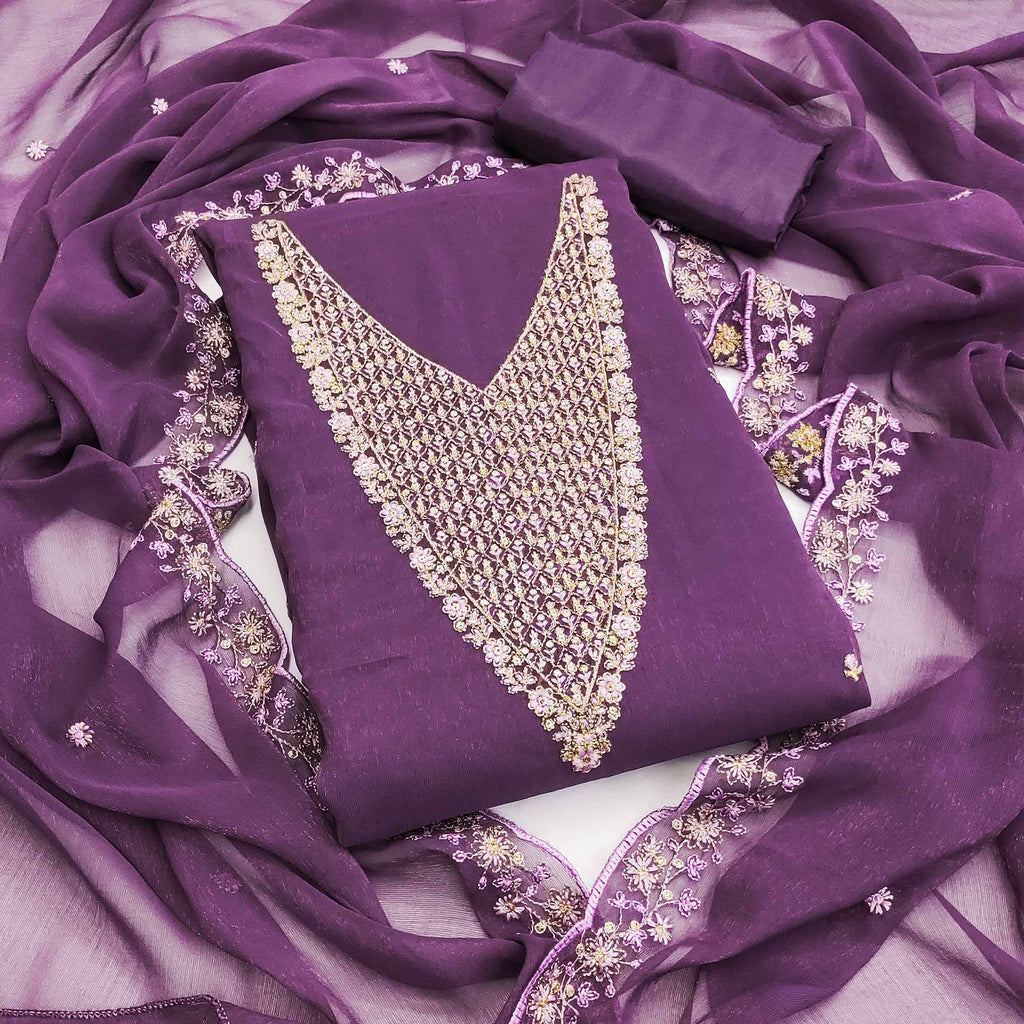 Lavender Party Wear Shimmer Dress Material with Floral Embellishment