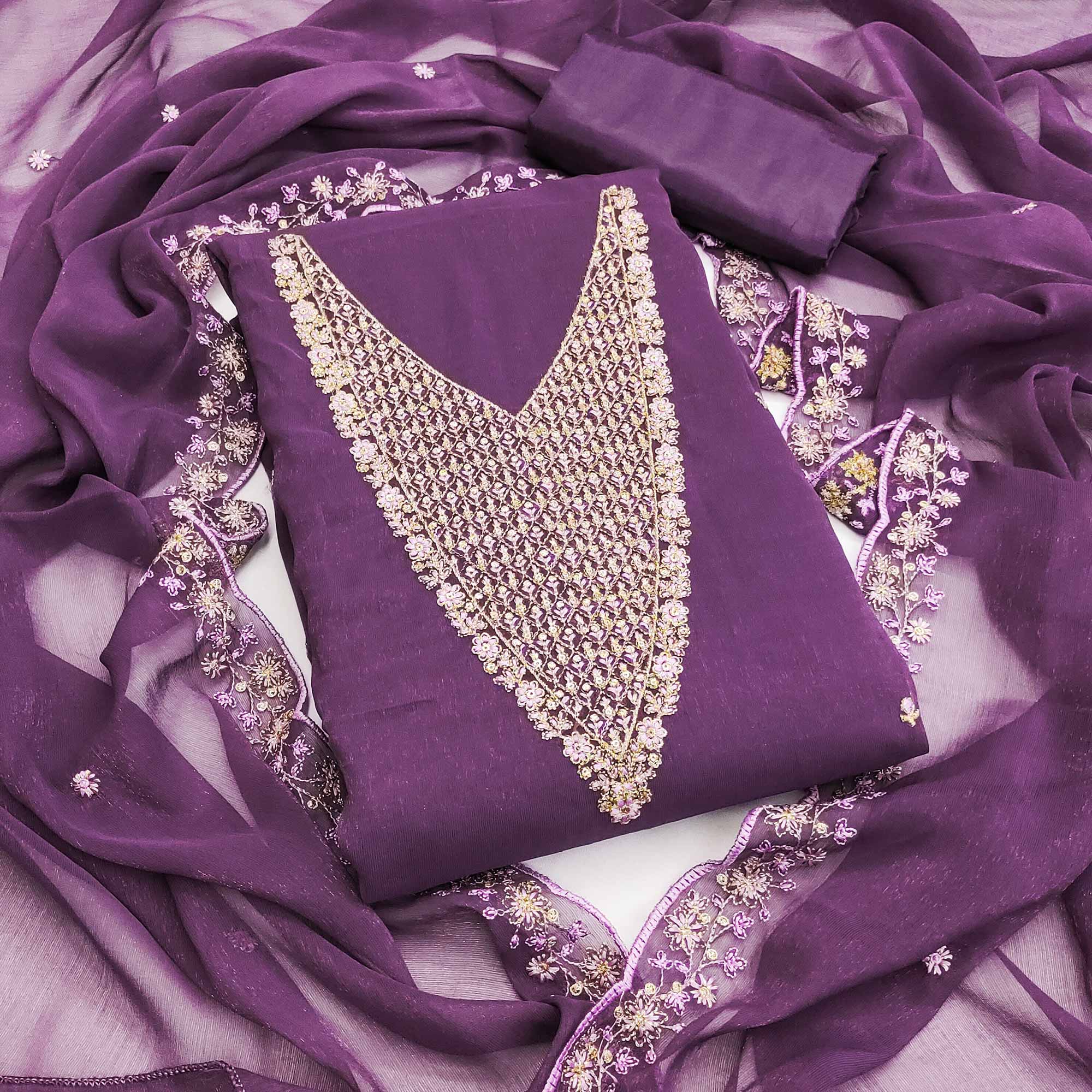 Lavender Party Wear Shimmer Dress Material with Floral Embellishment