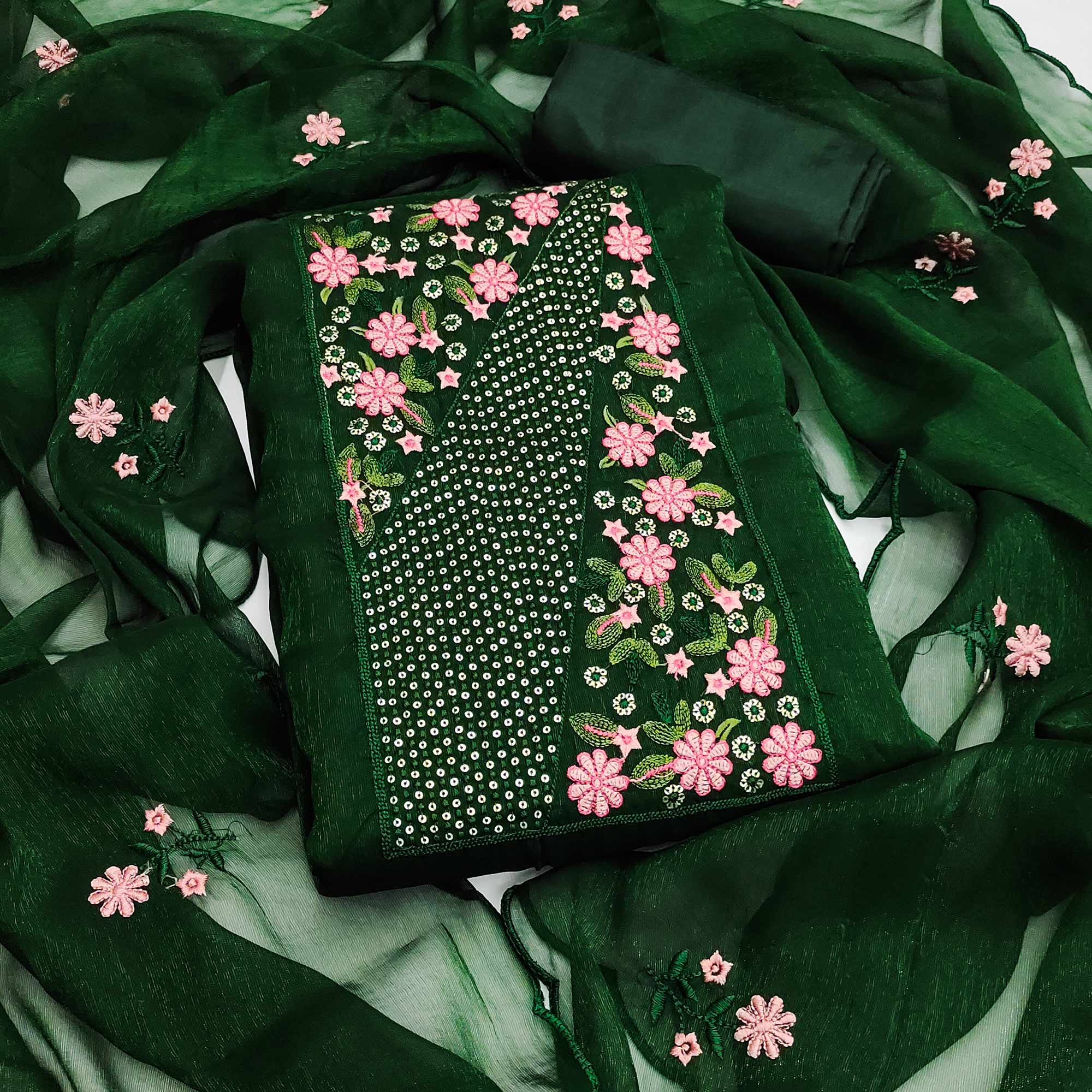 Green Unstitched Shimmer Dress Material with Stylish Floral Embellishment
