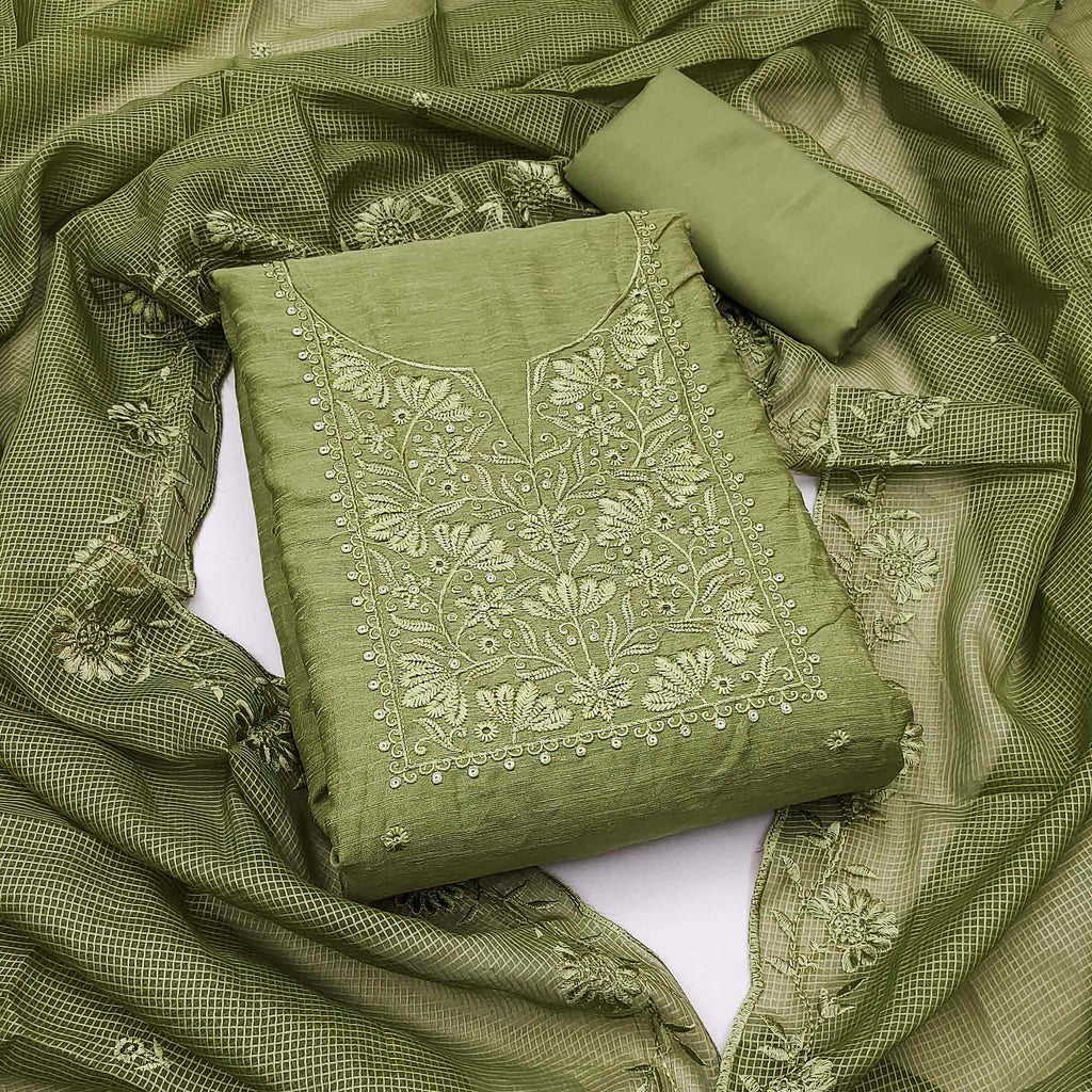 Festive Wear Green Floral Embroidered Unstitched Cotton Blend Dress Material