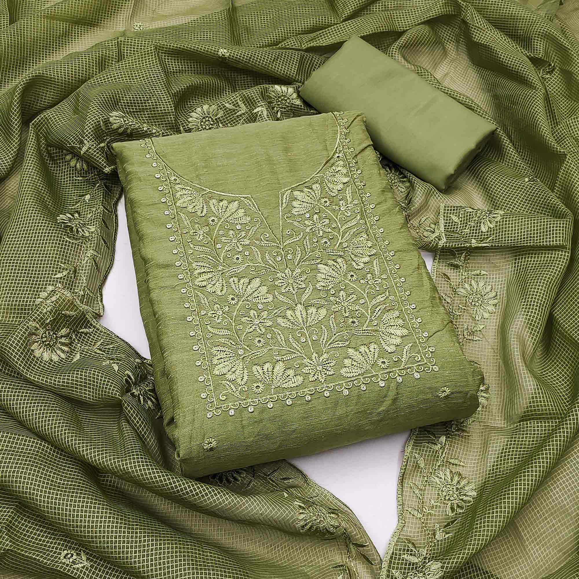 Festive Wear Green Floral Embroidered Unstitched Cotton Blend Dress Material