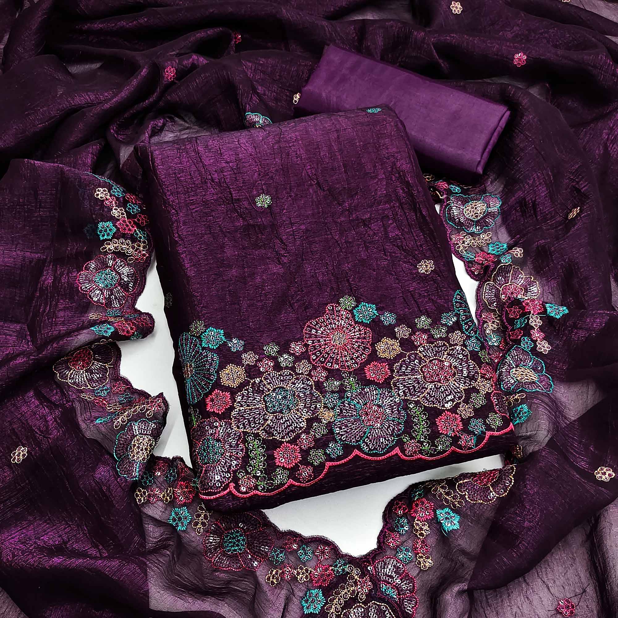 Festive Unstitched Deep Purple Cotton Blend Dress Material with Floral Embroidery
