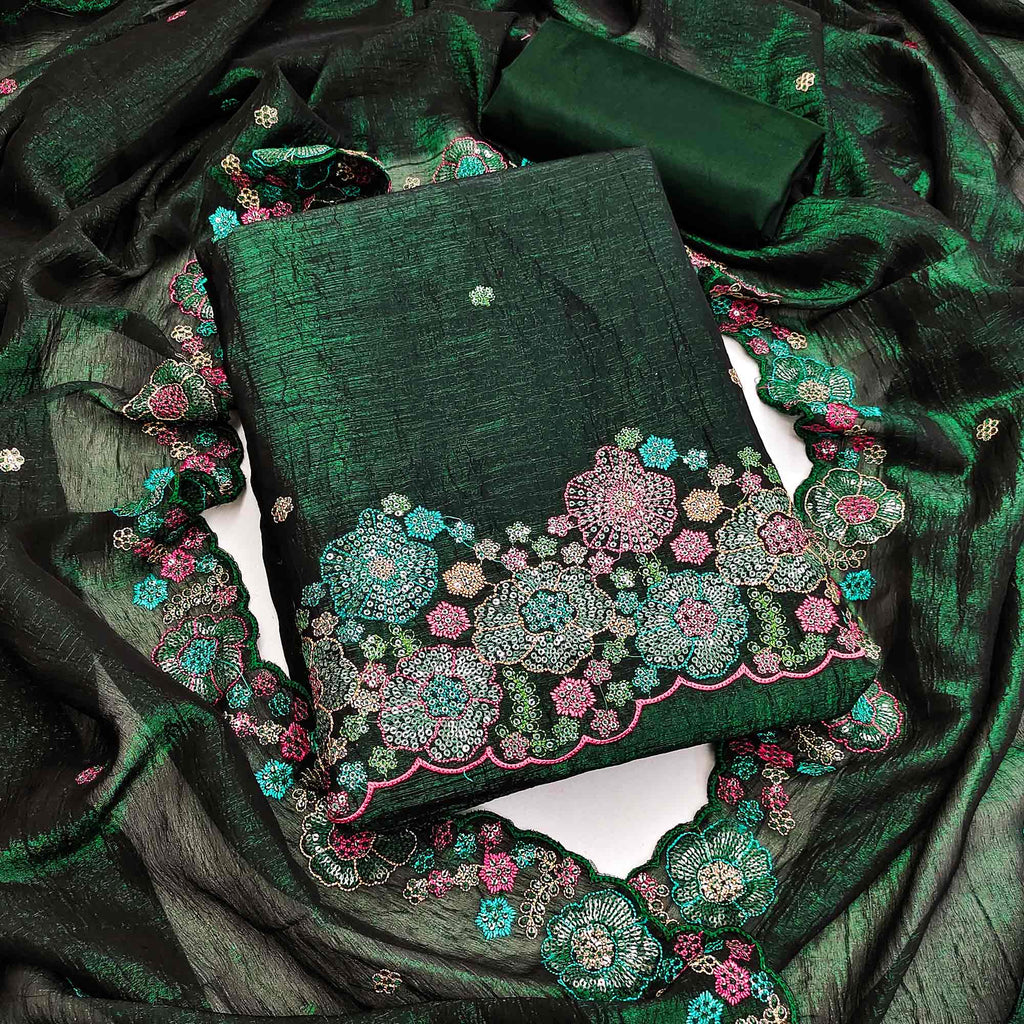 Festive Unstitched Green Cotton Blend Dress Material with Floral Embroidery