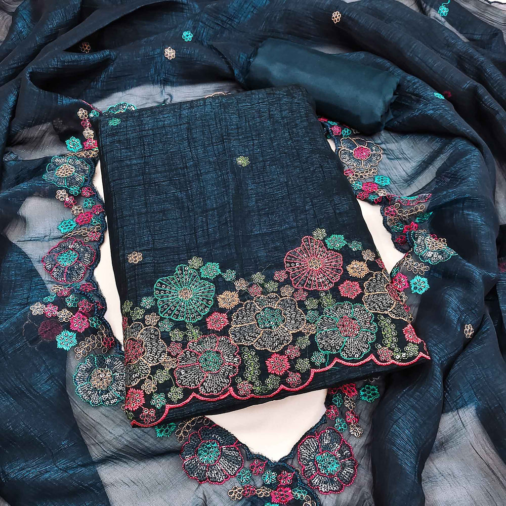 Festive Unstitched Morpich Blue Cotton Blend Dress Material with Floral Embroidery