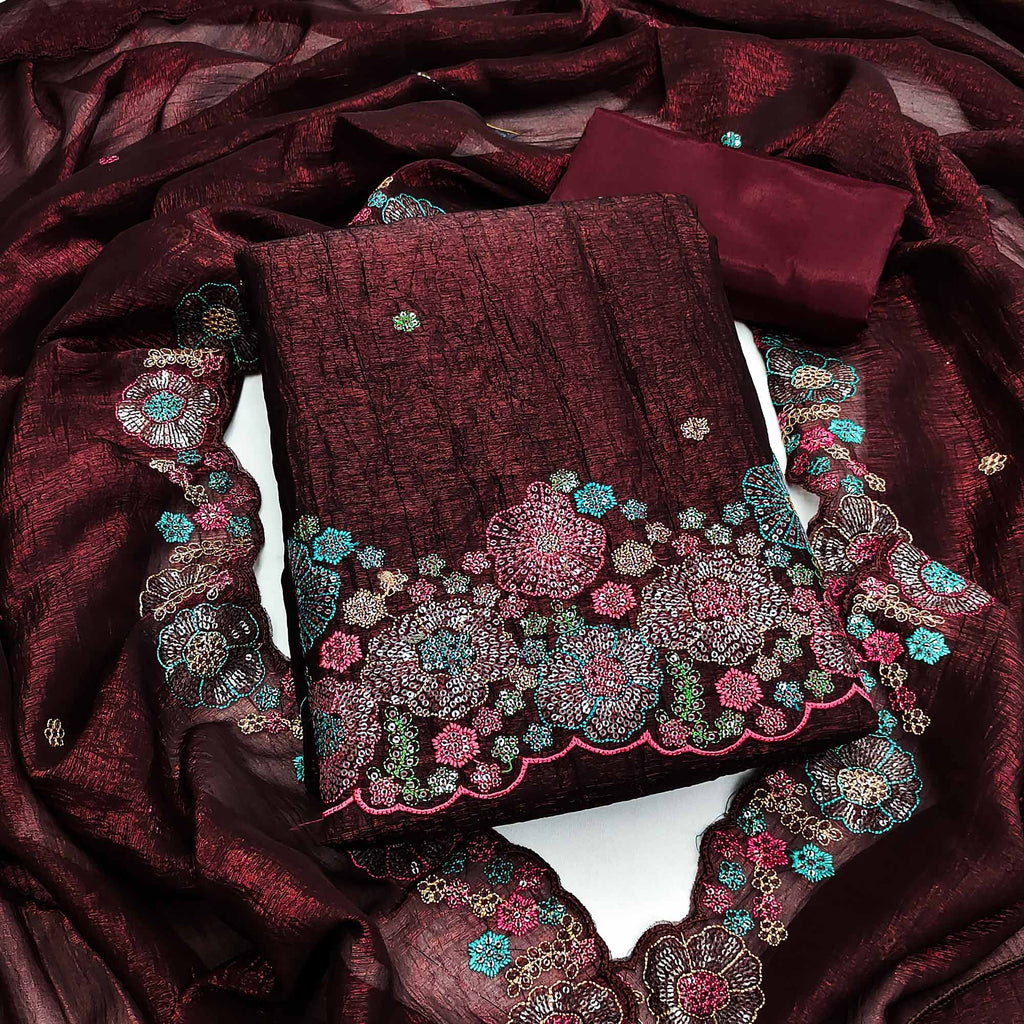 Festive Unstitched Wine Cotton Blend Dress Material with Floral Embroidery
