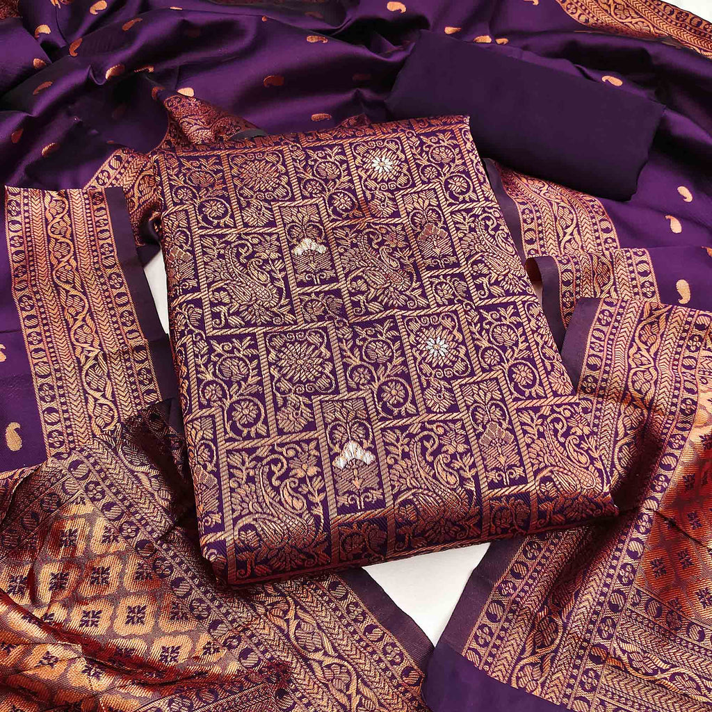 Dark Purple Banarasi Silk Dress Material With Heavy Zari Weaving