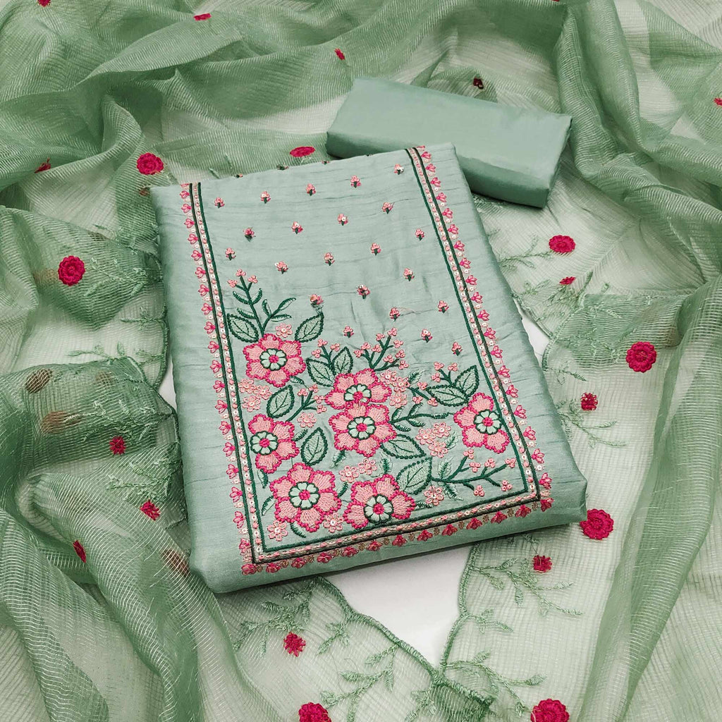 Green Cotton Blend Dress Material Featuring Delicate Floral Embroidery & Sequins Work