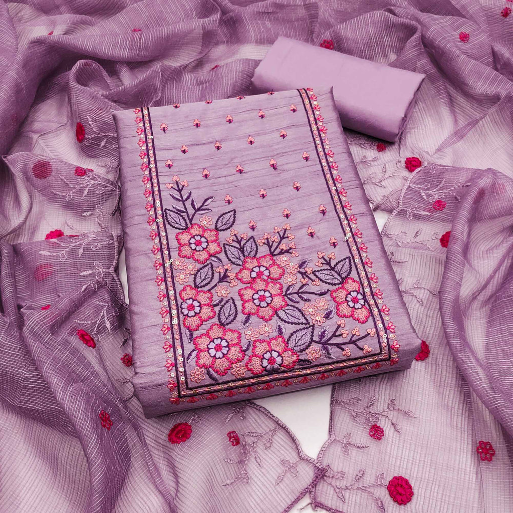 Lavender Cotton Blend Dress Material Featuring Delicate Floral Embroidery & Sequins Work