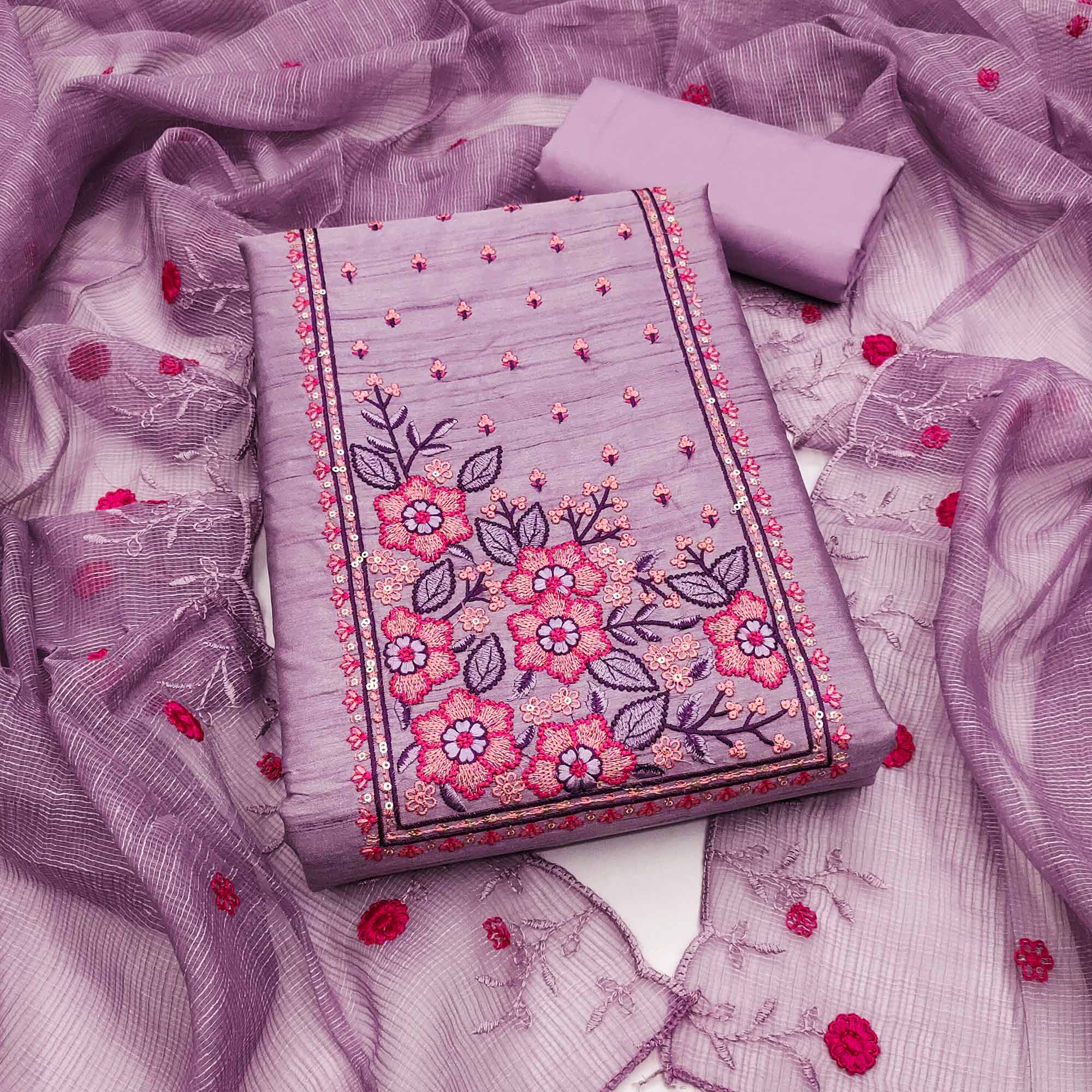 Lavender Cotton Blend Dress Material Featuring Delicate Floral Embroidery & Sequins Work