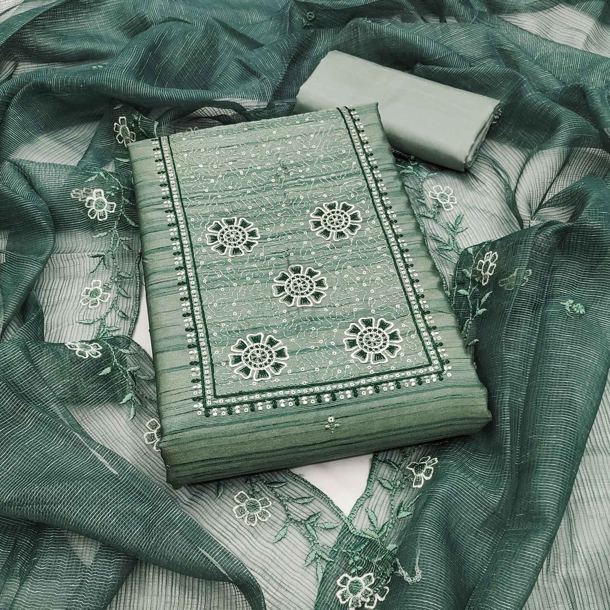 Green Elegance In Cotton Blend Dress Material With Floral Thread & Sequin Work