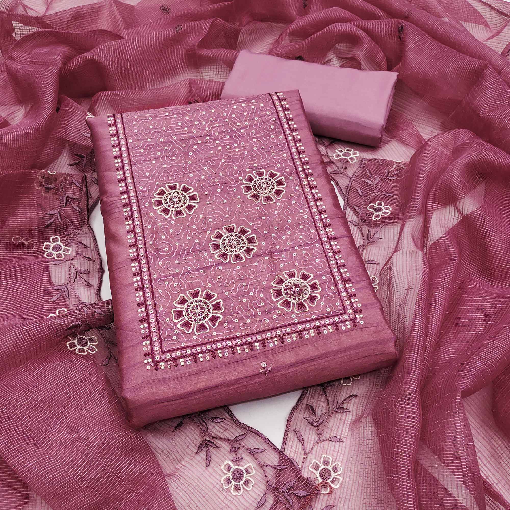 Pink Elegance In Cotton Blend Dress Material With Floral Thread & Sequin Work