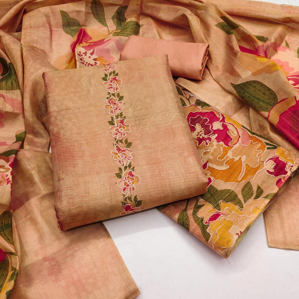 Peach Silk Blend Dress Material With Floral Print Accents & Delicate Thread Embroidery