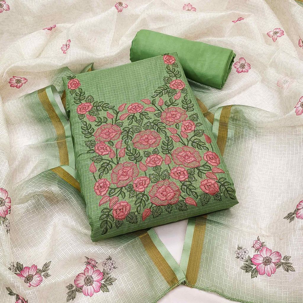 Green Kota Doria Dress Material Adorned With Delicate Floral Sequins Embroidery Work