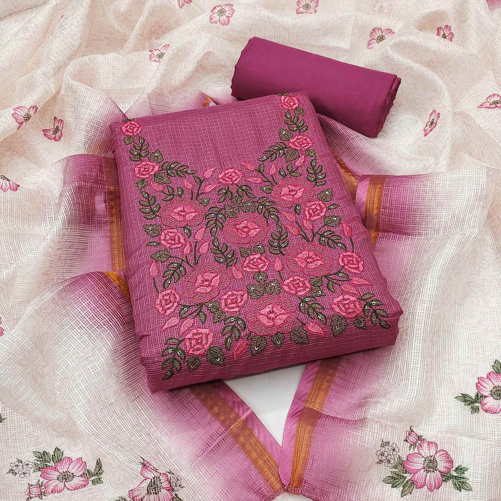 Magenta  Kota Doria Dress Material Adorned With Delicate Floral Sequins Embroidery Work