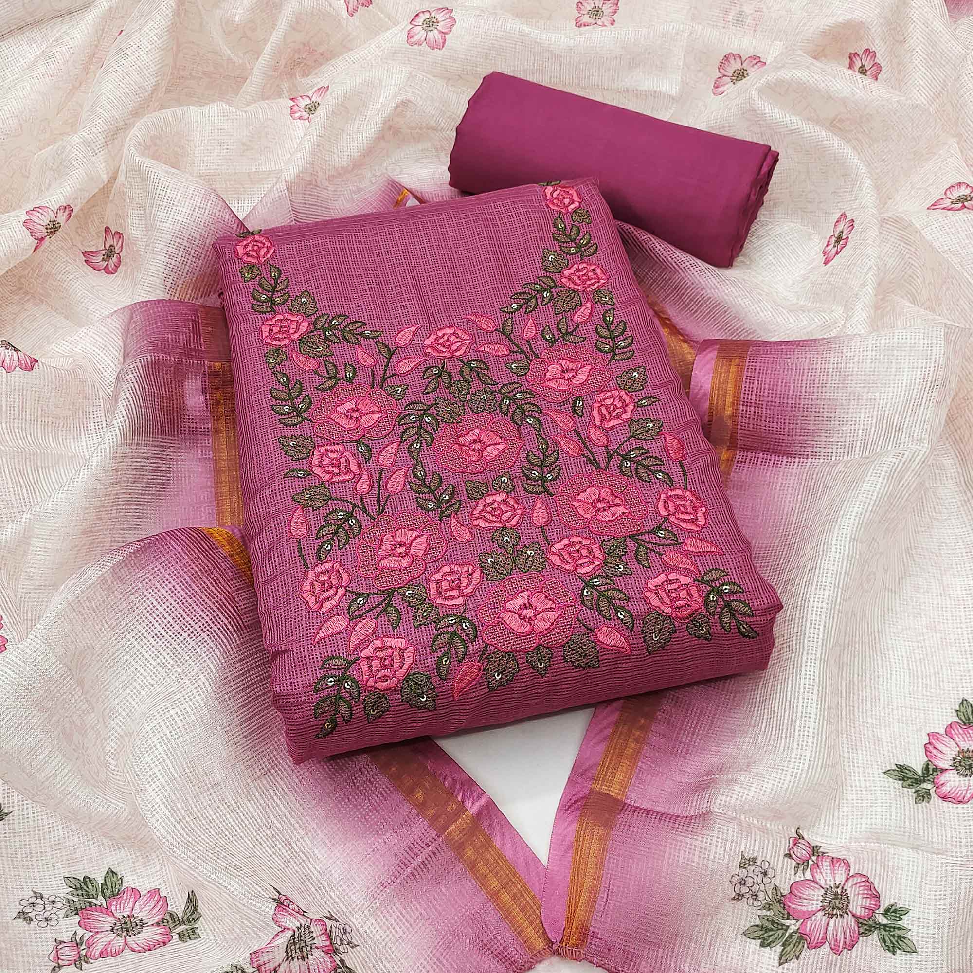 Magenta  Kota Doria Dress Material Adorned With Delicate Floral Sequins Embroidery Work