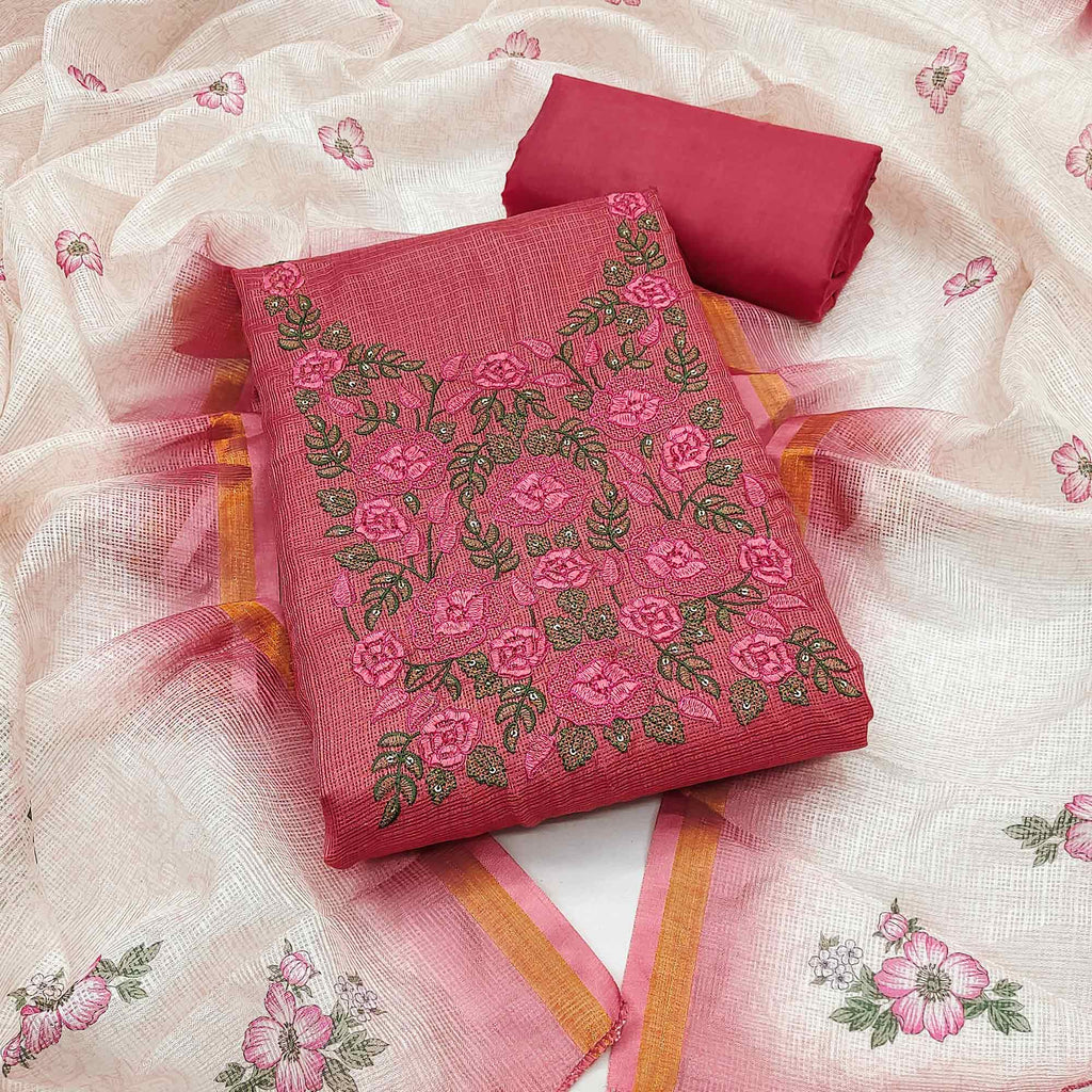 Pink Kota Doria Dress Material Adorned With Delicate Floral Sequins Embroidery Work