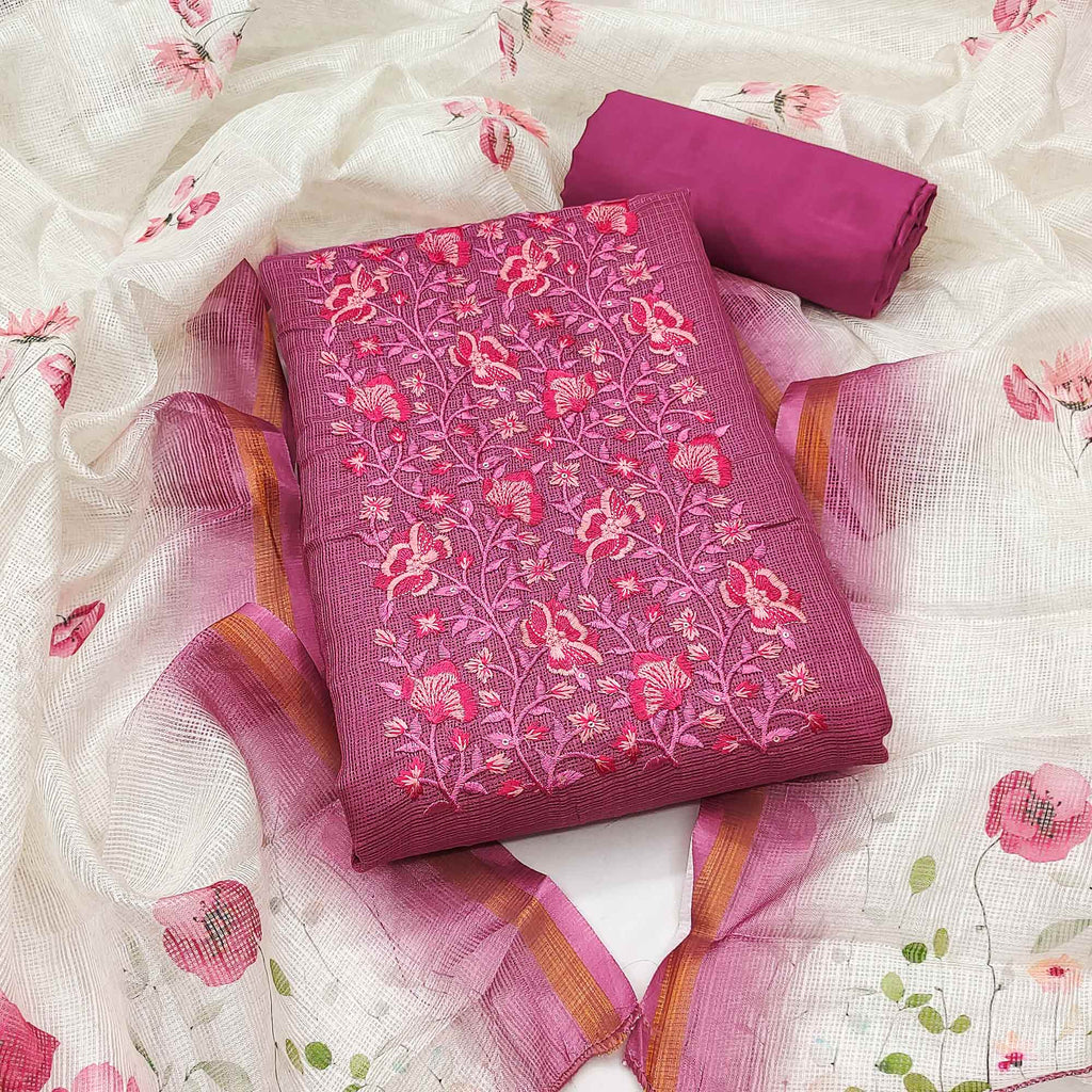 Magenta  Kota Doria Dress Material With Intricate Floral Motifs & Sparkling Sequins Embroidery