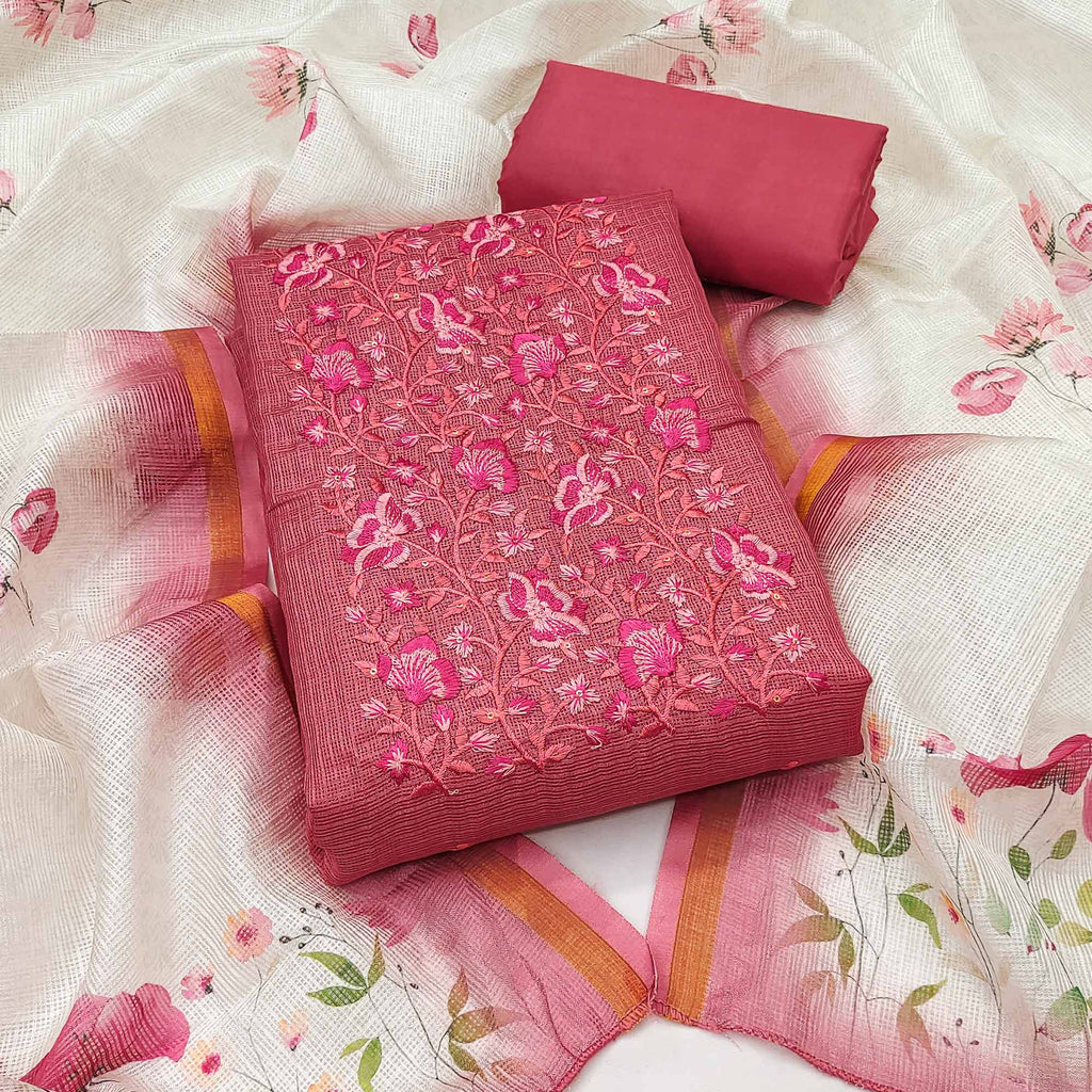 Pink Kota Doria Dress Material With Intricate Floral Motifs & Sparkling Sequins Embroidery