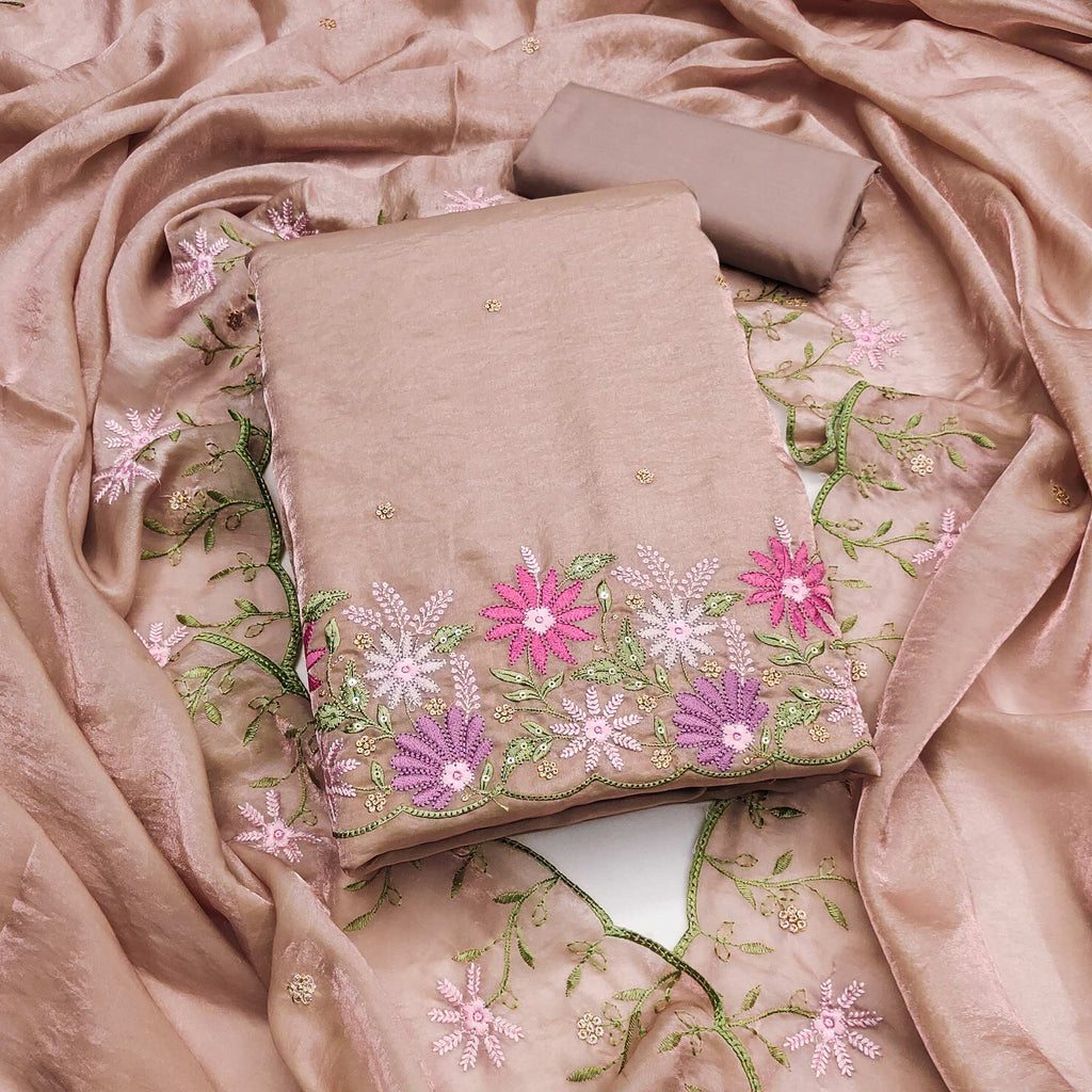 Designer Beige Satin Silk Dress Material with Fine Floral Embroidery