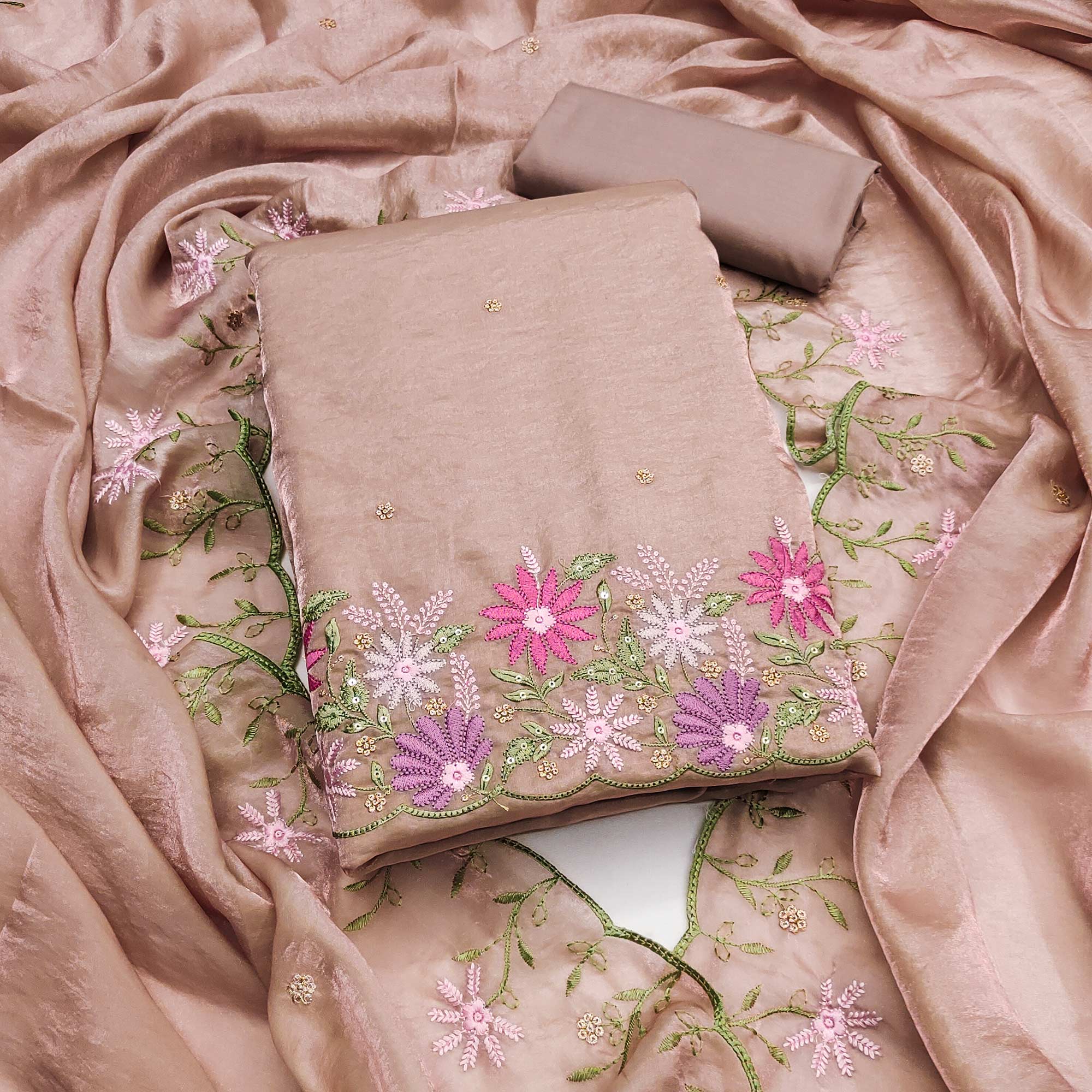 Designer Beige Satin Silk Dress Material with Fine Floral Embroidery