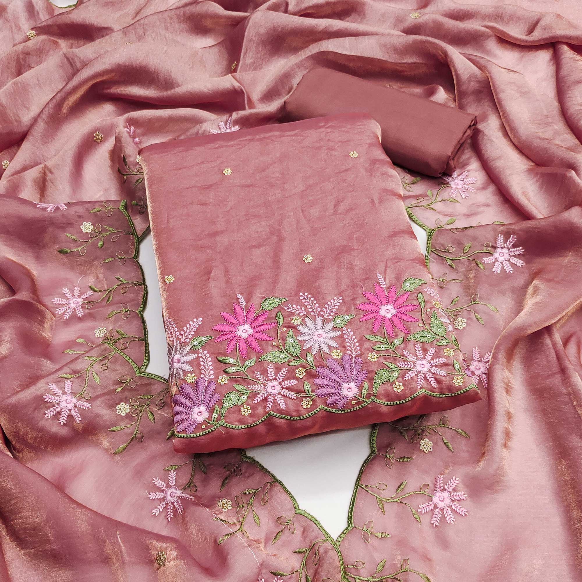 Designer Dusty Rose Pink Satin Silk Dress Material with Fine Floral Embroidery