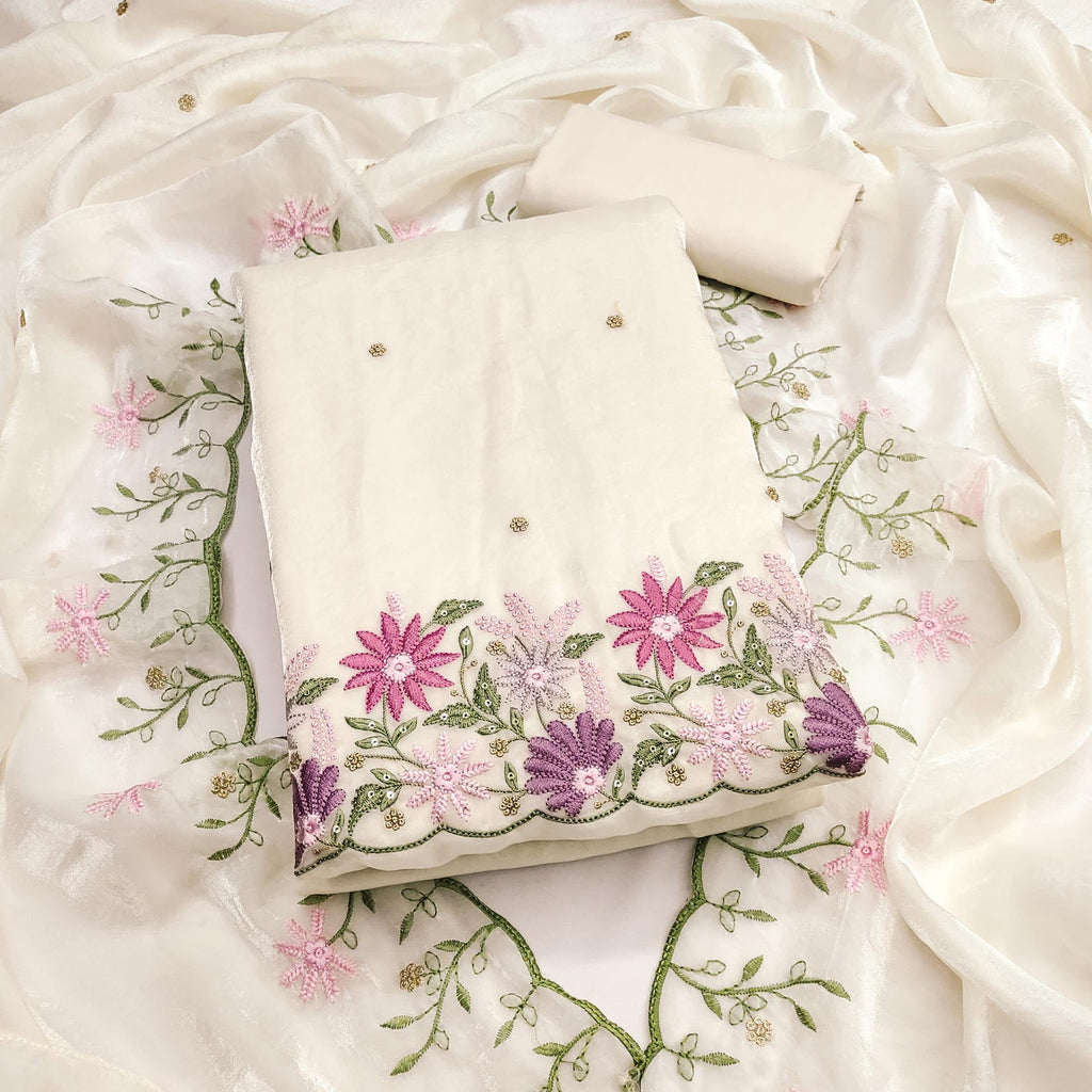 Designer Off White Satin Silk Dress Material with Fine Floral Embroidery