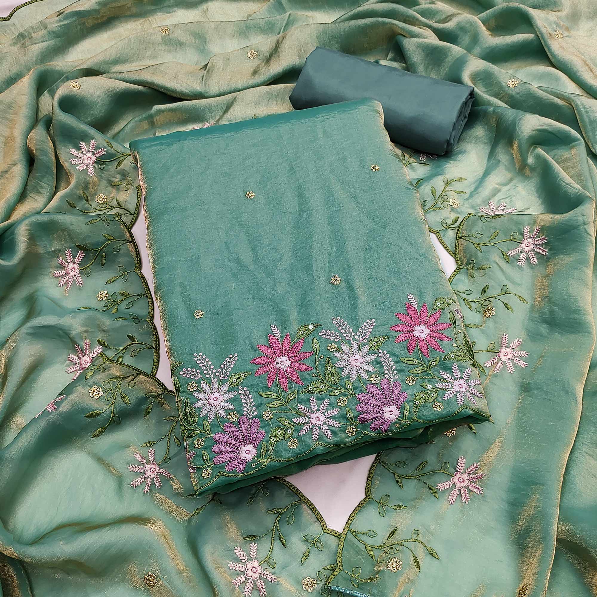 Designer Sea Green Satin Silk Dress Material with Fine Floral Embroidery