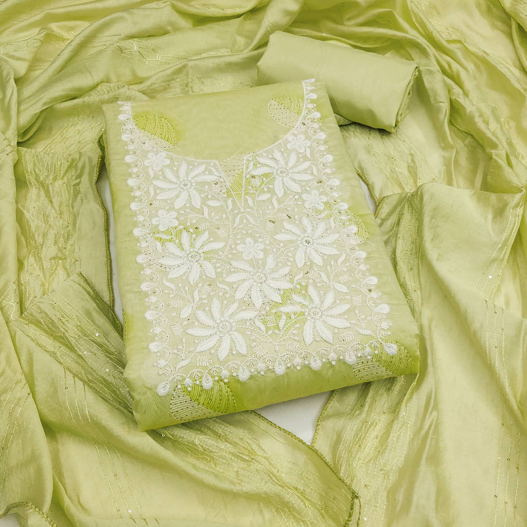 Green Chanderi Cotton Dress Material Adorned With Floral Thread Embroidery & Sequins Work