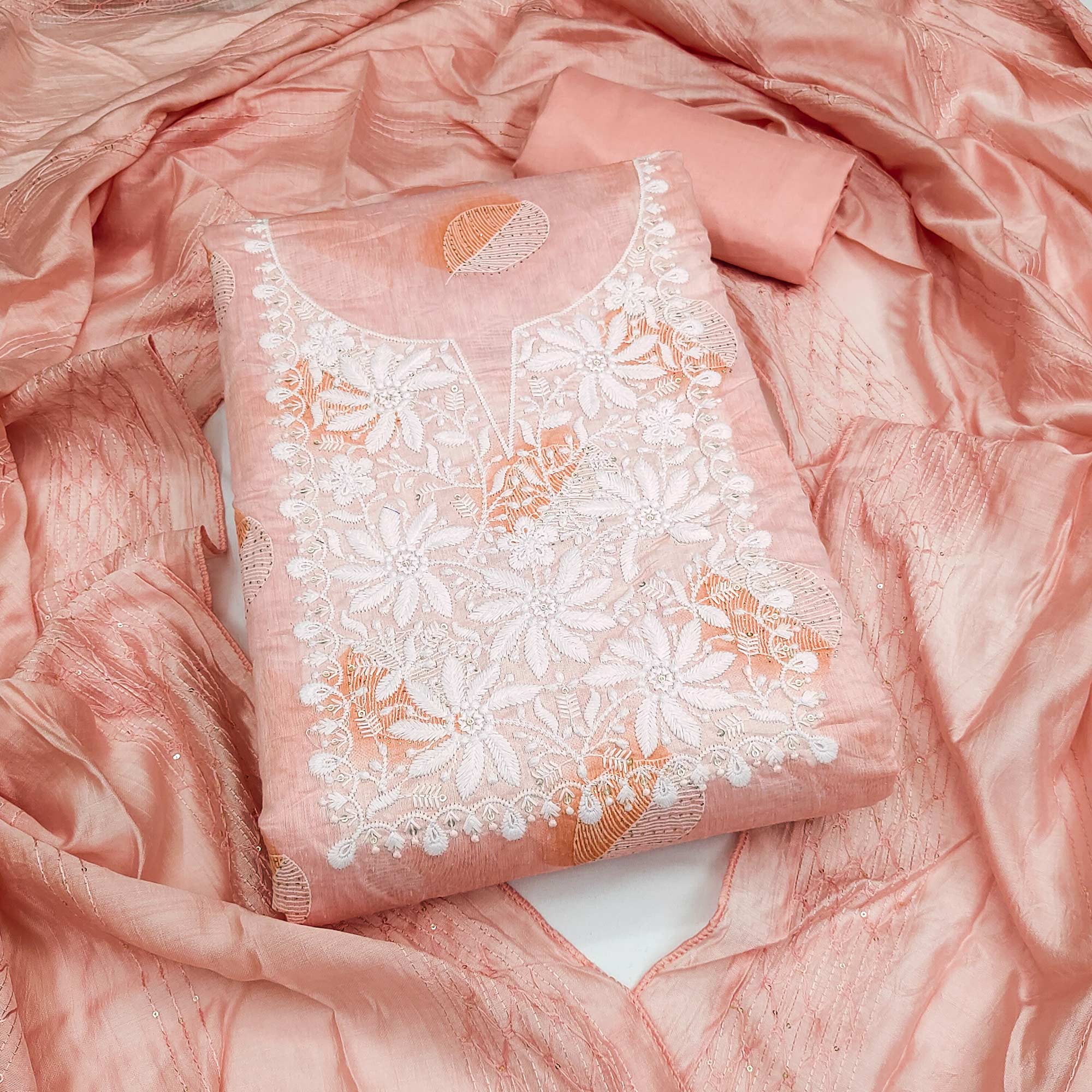 Peach Chanderi Cotton Dress Material Adorned With Floral Thread Embroidery & Sequins Work