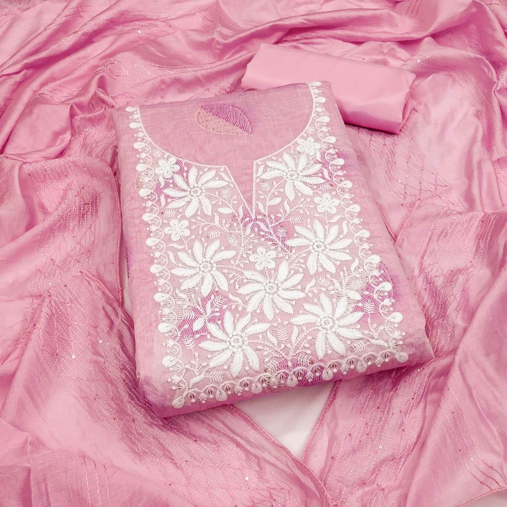 Pink Chanderi Cotton Dress Material Adorned With Floral Thread Embroidery & Sequins Work