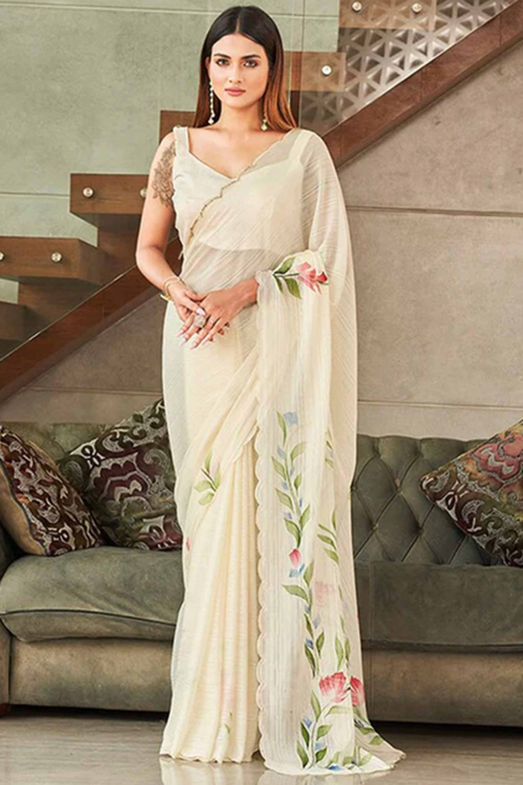 Graceful Offwhite Chiffon Saree With Delicate Floral Print & Elegant Piping Border Work