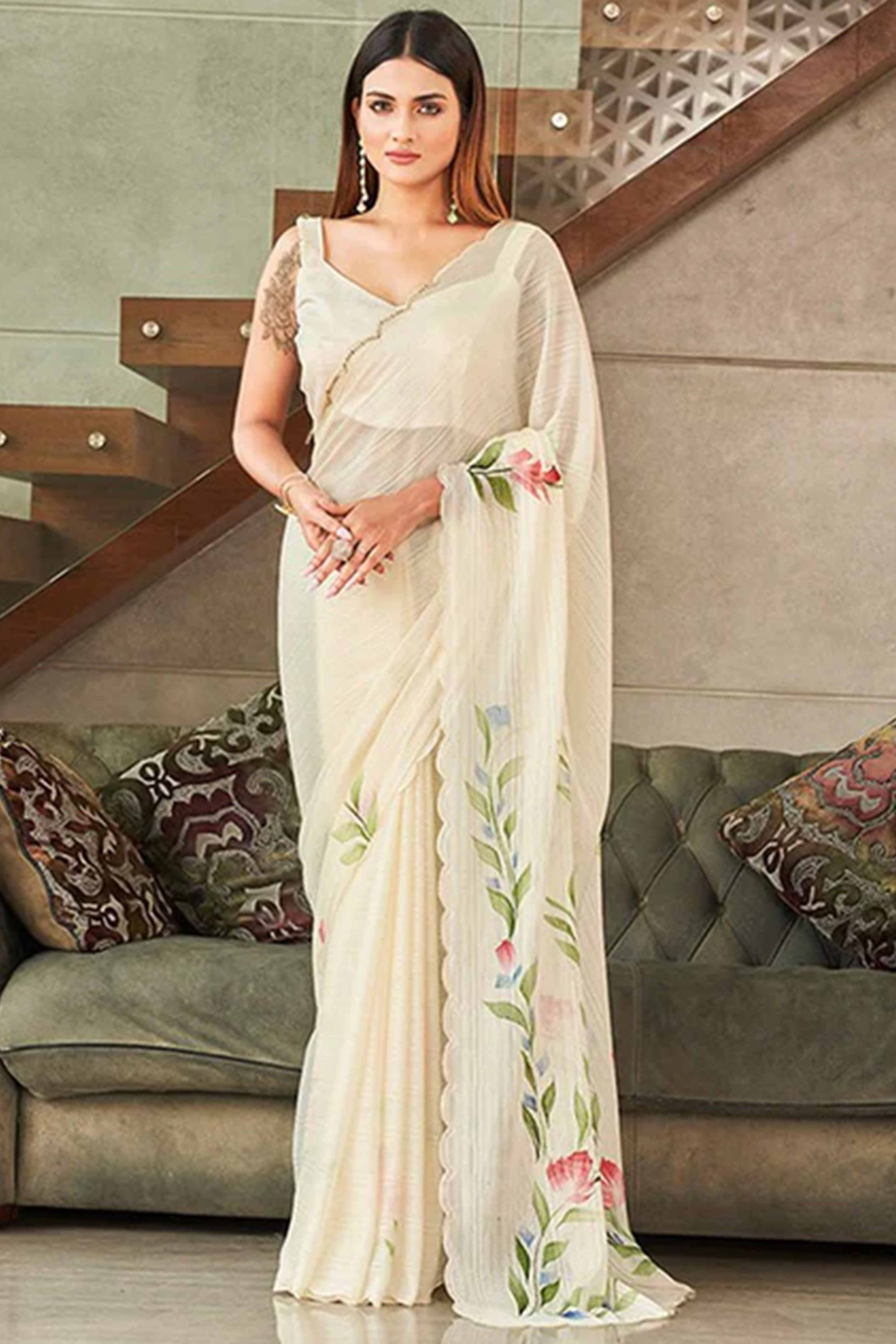 Graceful Offwhite Chiffon Saree With Delicate Floral Print & Elegant Piping Border Work