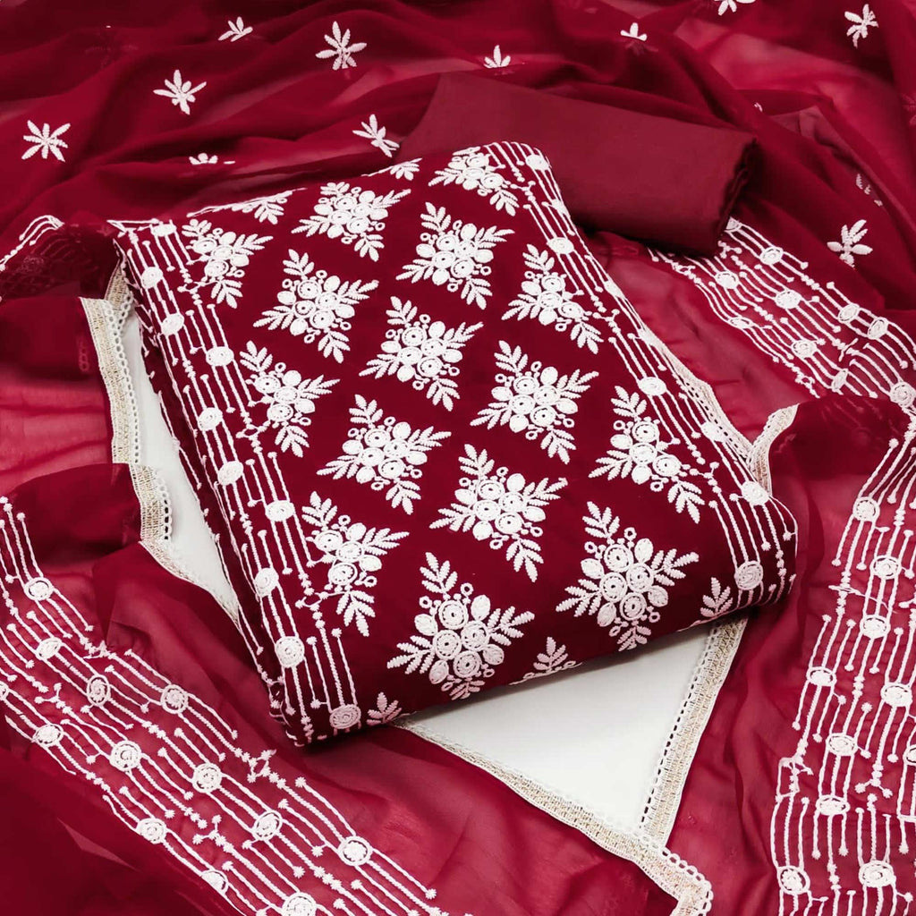 Maroon Floral Embroidered Georgette Dress Material
