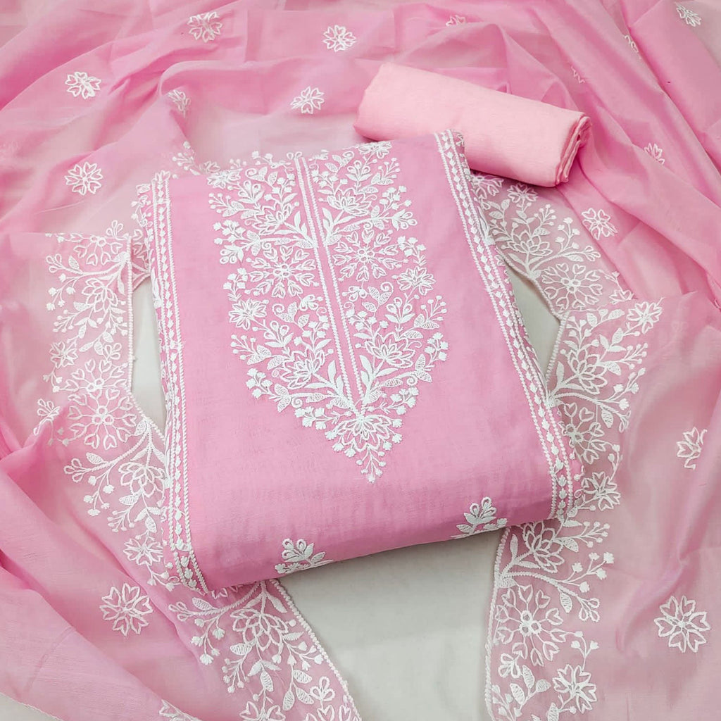 Pink Floral Embroidered Modal Dress Material