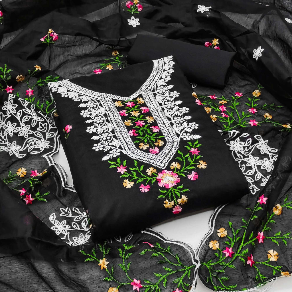 Black Floral Embroidered Chanderi Dress Material