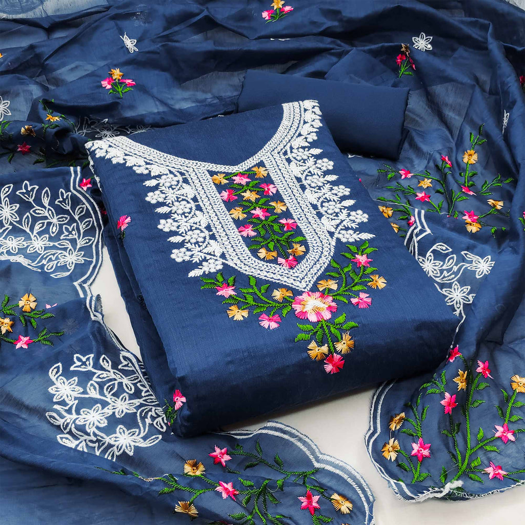 Blue Floral Embroidered Chanderi Dress Material