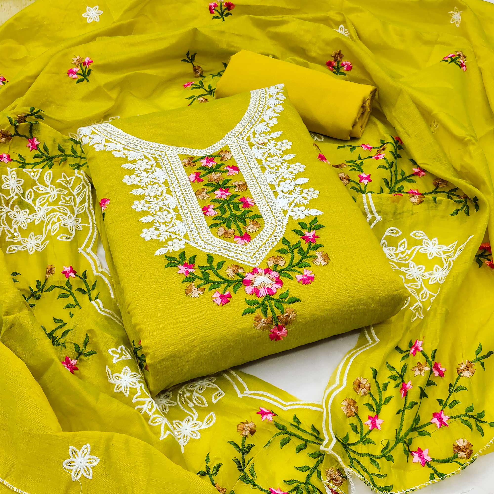 Green Floral Embroidered Chanderi Dress Material