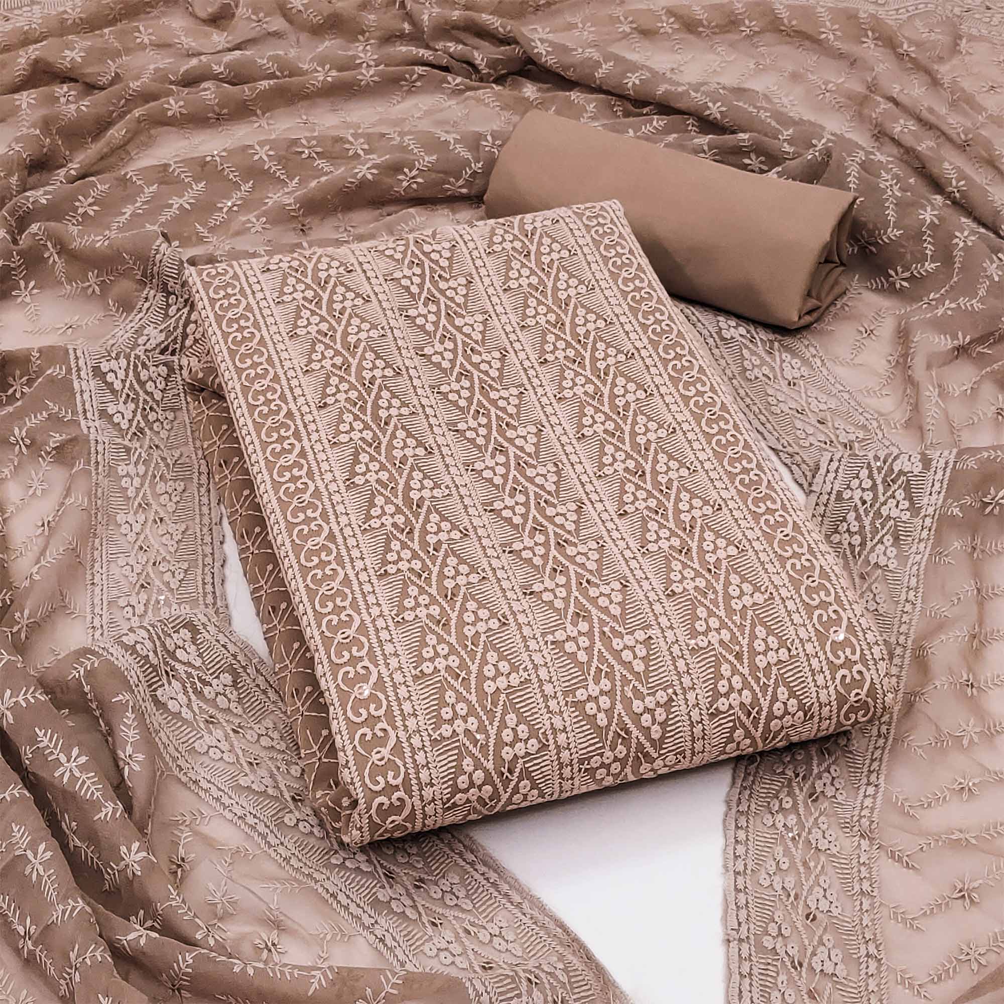 Brown Embroidered Georgette Dress Material