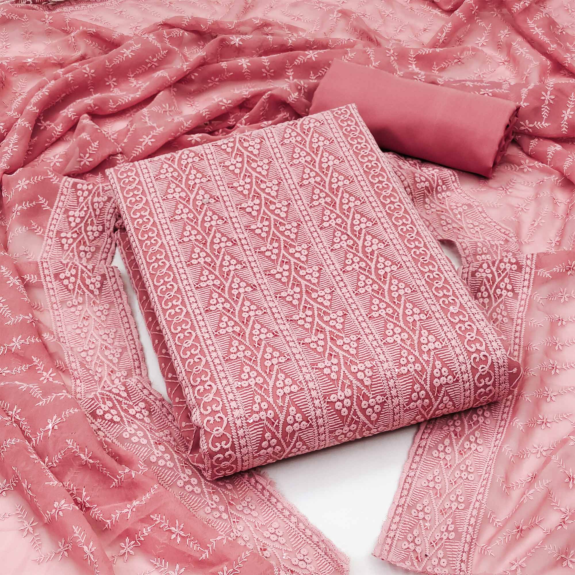 Pink Embroidered Georgette Dress Material