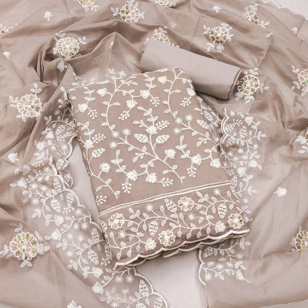 Brown Floral Embroidered Chanderi Dress Material