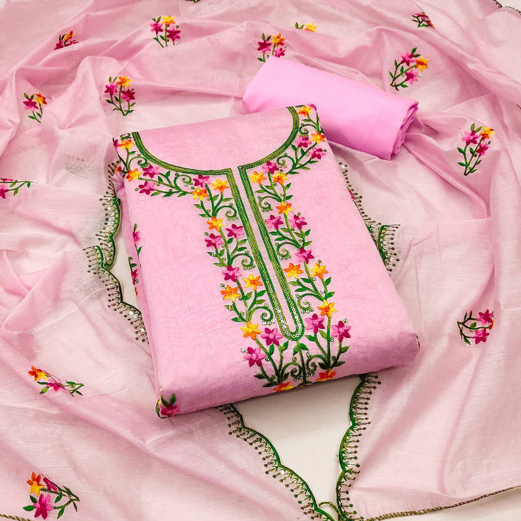 Pink Floral Embroidered Chanderi Dress Material