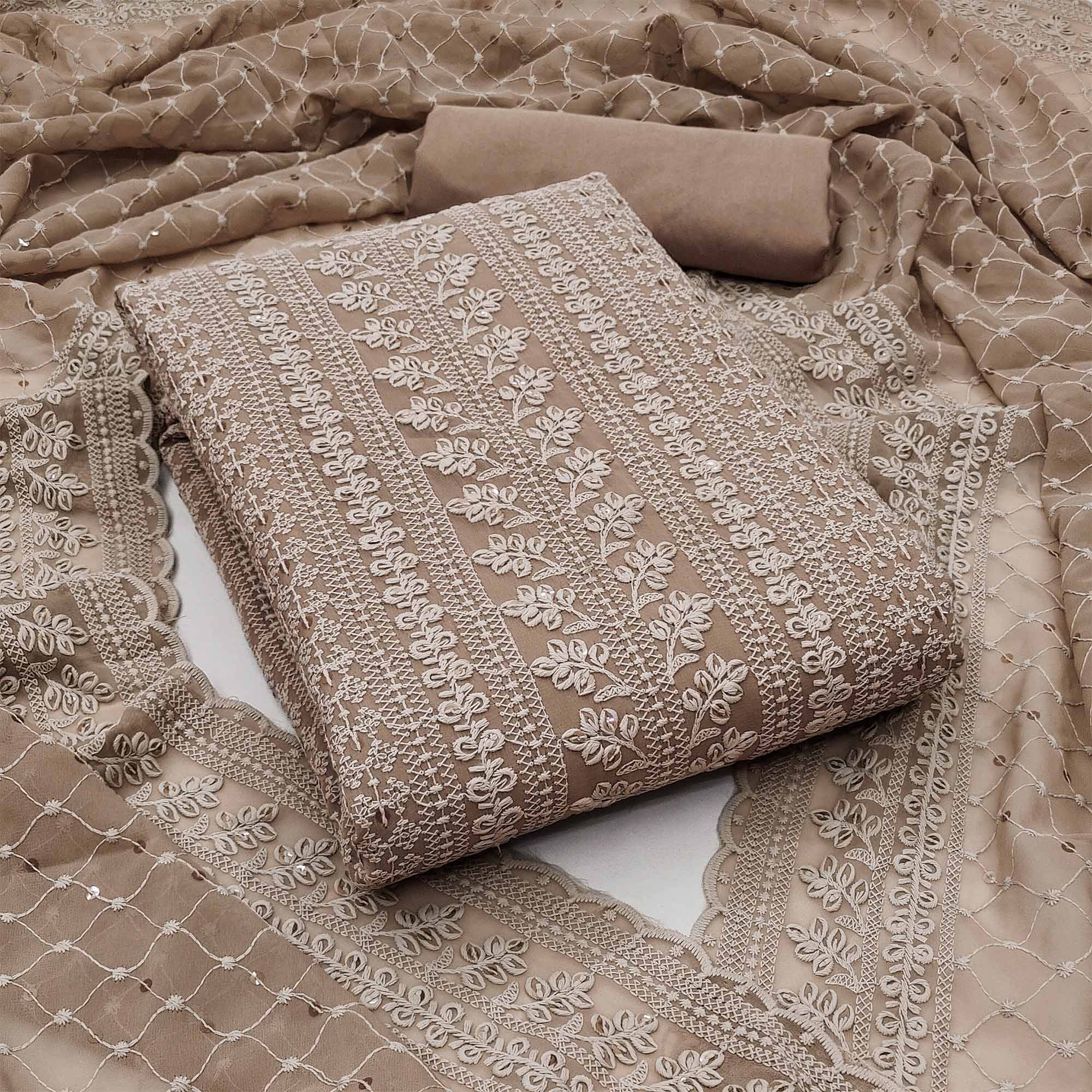 Dusty Brown Lucknowi Embroidered Georgette Dress Material