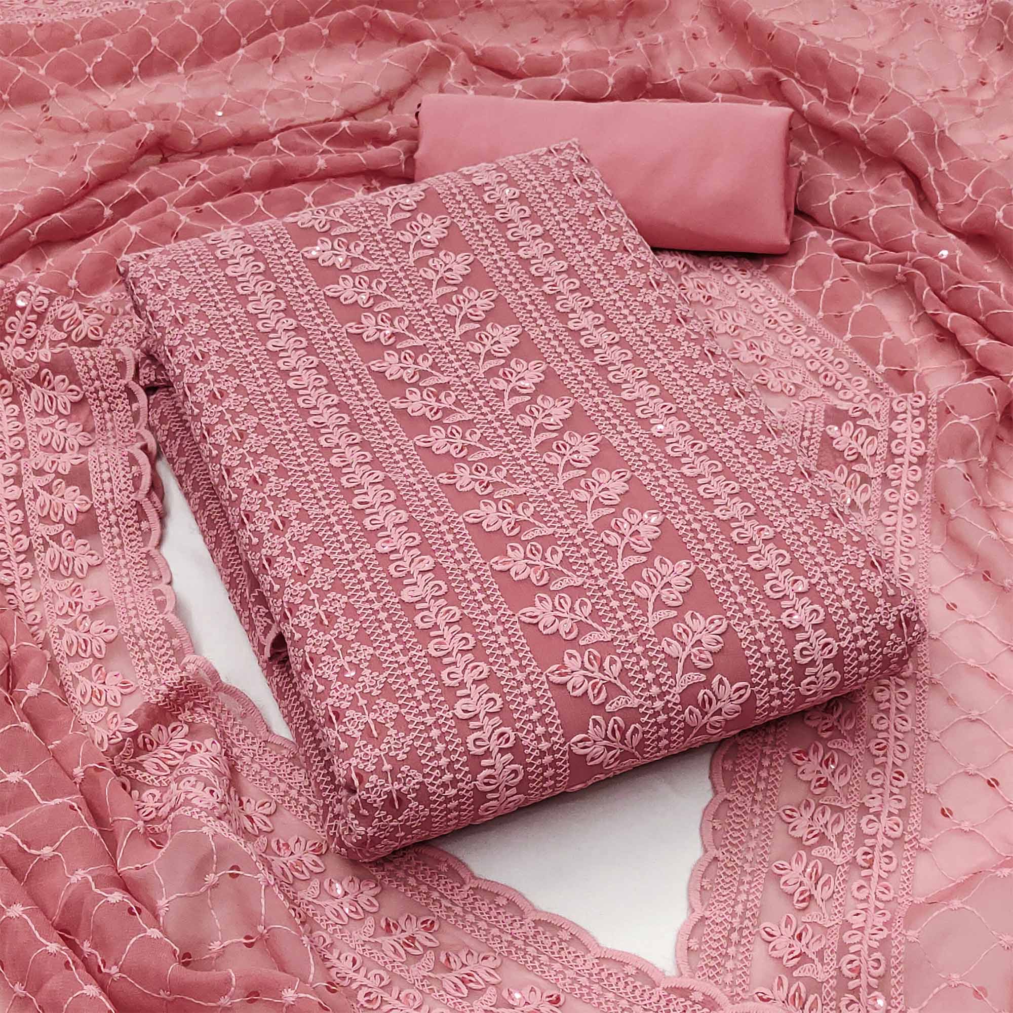 Dusty Pink Lucknowi Embroidered Georgette Dress Material