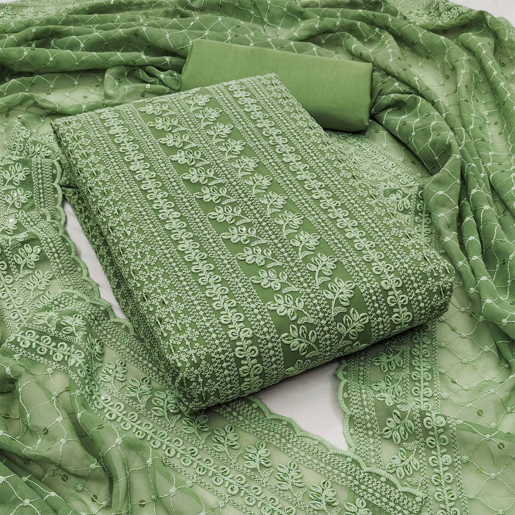 Green Lucknowi Embroidered Georgette Dress Material