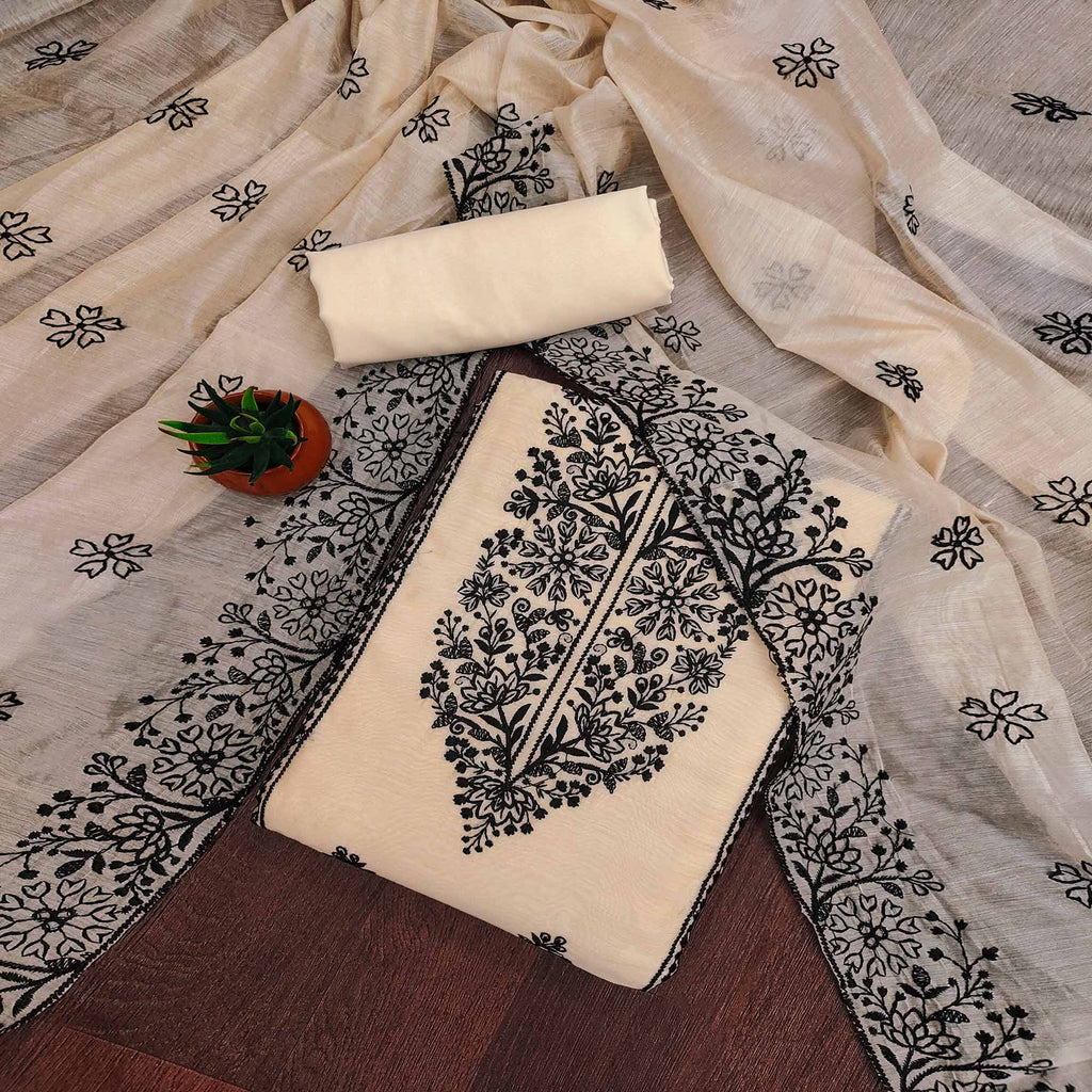 Cream Floral Embroidered Chanderi Dress Material