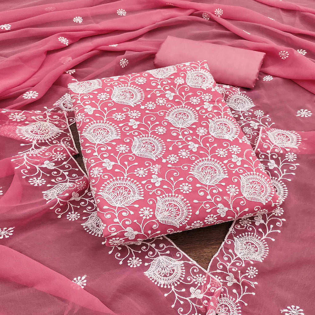 Pink Floral Embroidered Georgette Dress Material