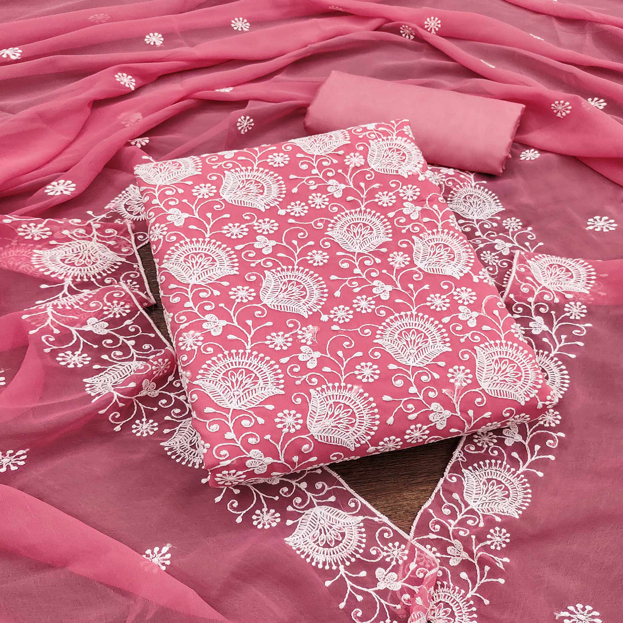 Pink Floral Embroidered Georgette Dress Material