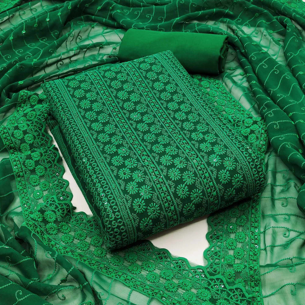 Green Floral Sequins Embroidered Georgette Dress Material